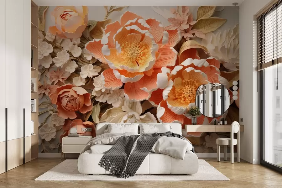 wall murals A 3D floral arrangement in peach tones featuring peonies and Rococo-style roses w01939