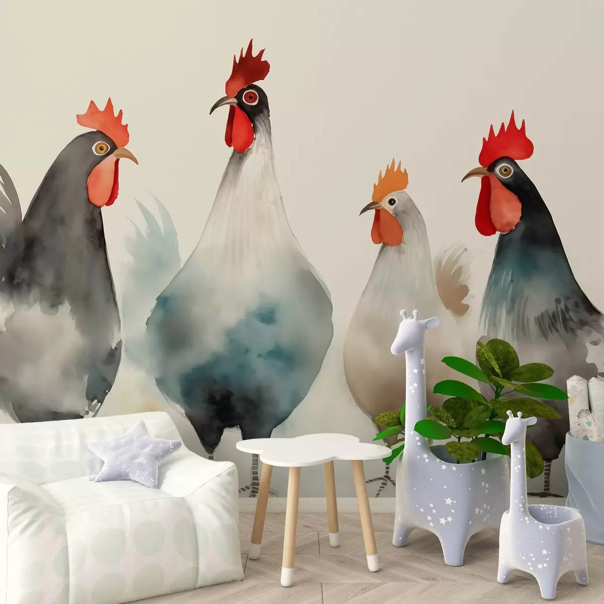 wall murals Chickens and roosters in a blurred wet watercolor style w01946