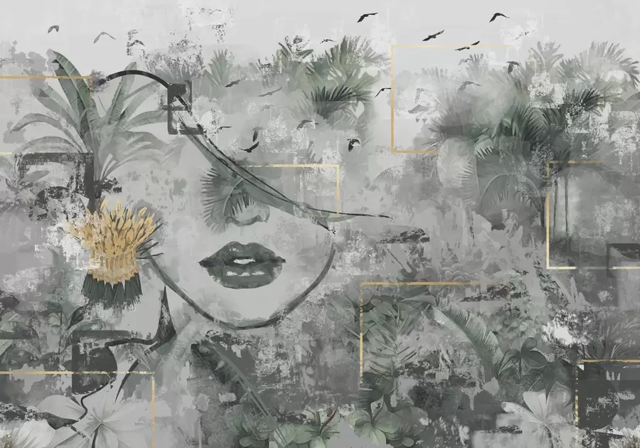 wall murals Grunge rainforest and girl face silhouette w01916