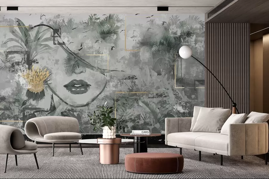 wall murals Grunge rainforest and girl face silhouette w01916