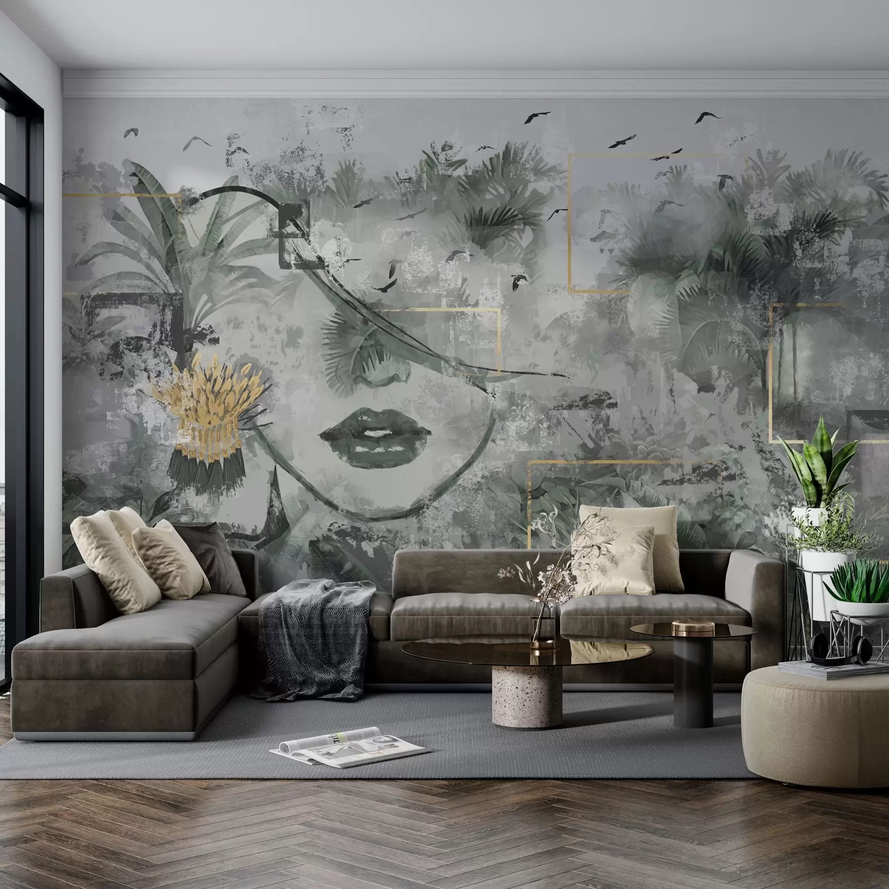 wall murals Grunge rainforest and girl face silhouette w01916