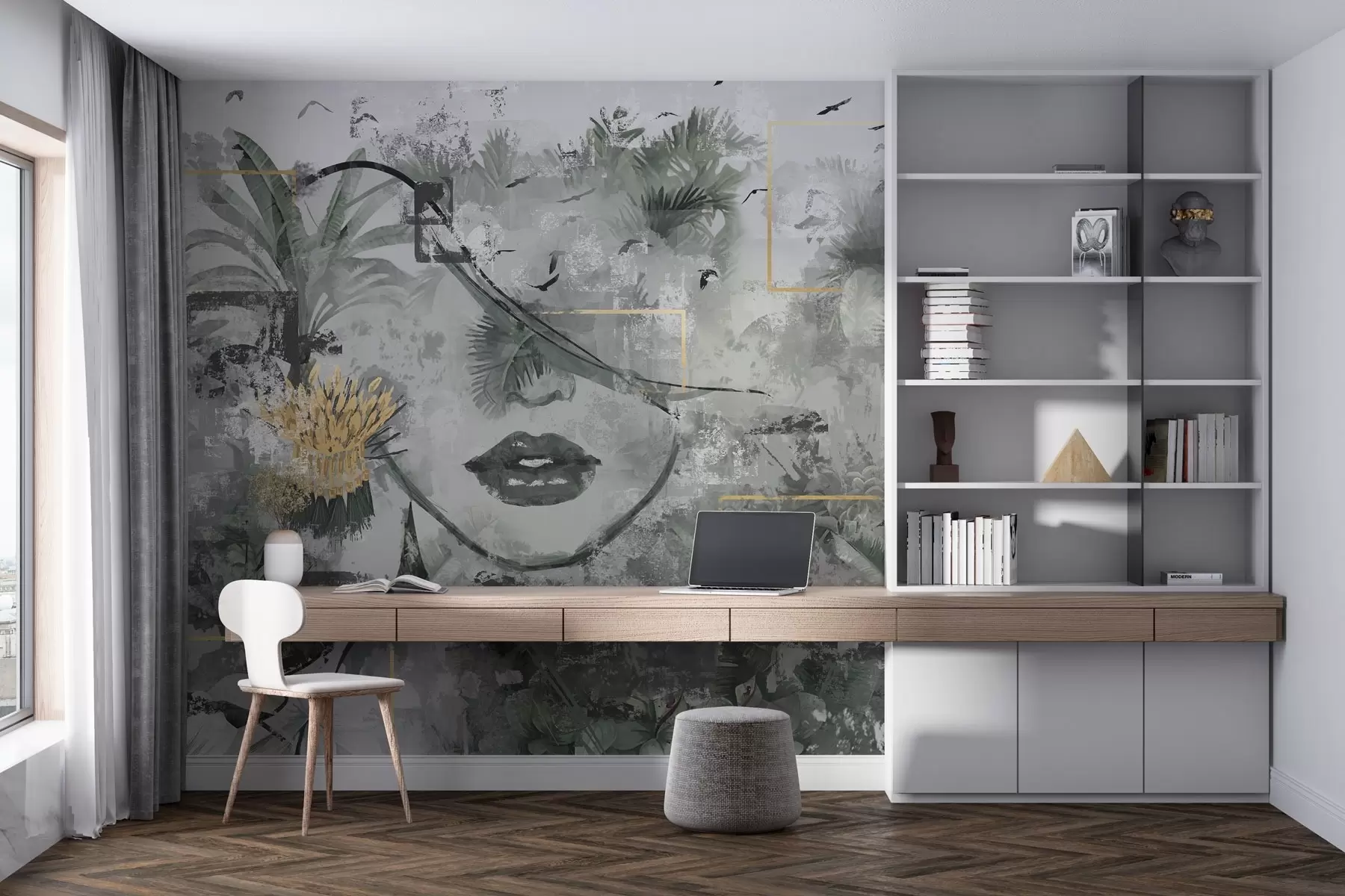 wall murals Grunge rainforest and silhouette of a girl's face w01916d1