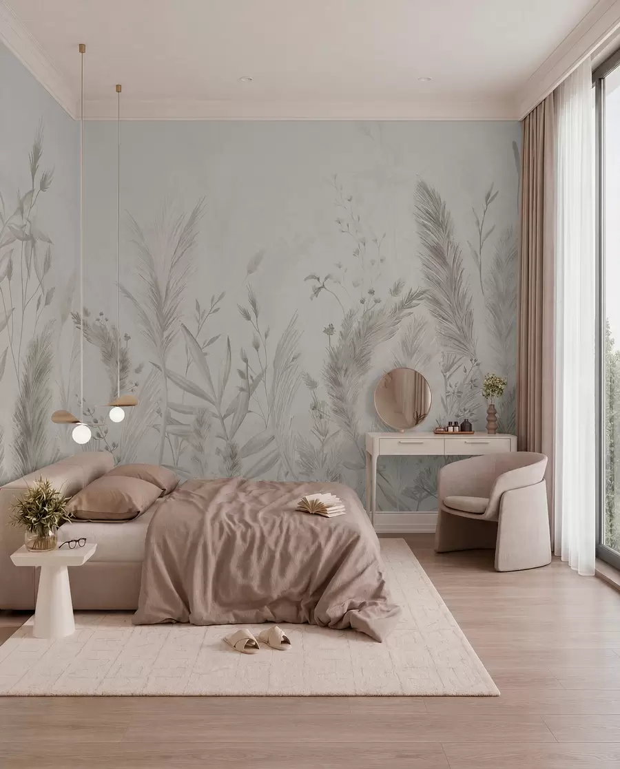 wall murals Tall field grasses and flowers in pastel colors w02004v1