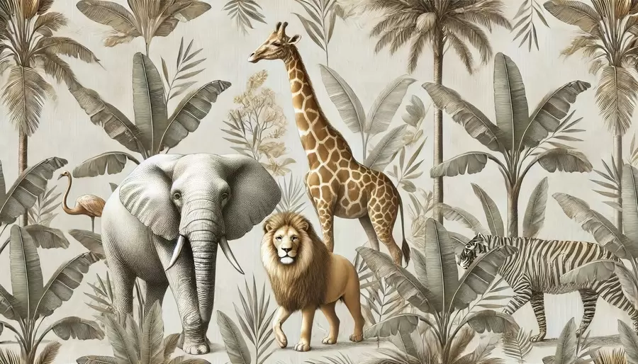wall murals Safari children's wallpaper with tropical landscape and various animals in elegant colors w01956