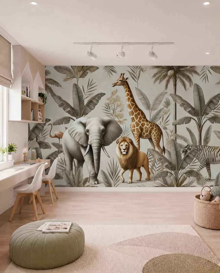 wall murals Safari children's wallpaper with tropical landscape and various animals in elegant colors w01956