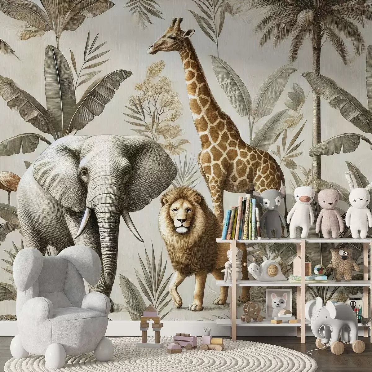 wall murals Safari children's wallpaper with tropical landscape and various animals in elegant colors w01956