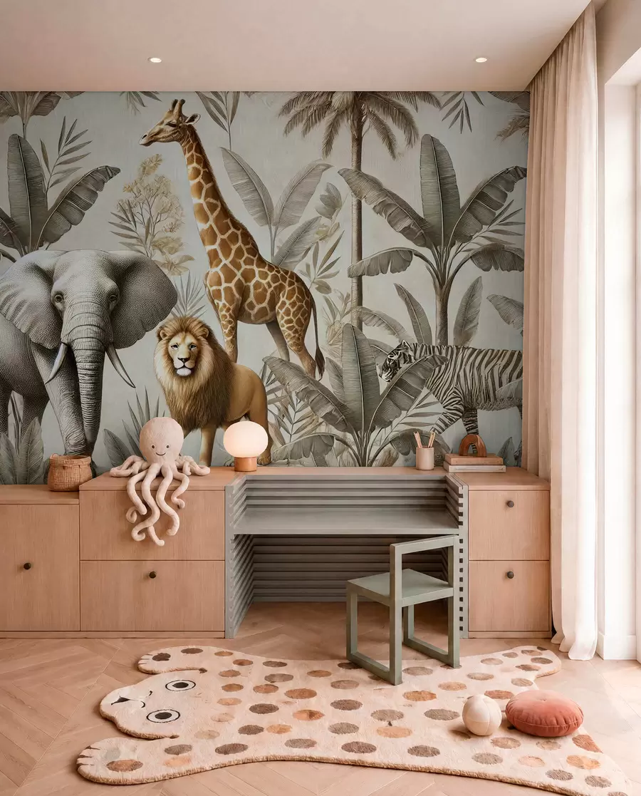 wall murals Safari children's wallpaper with tropical landscape and various animals in elegant colors w01956