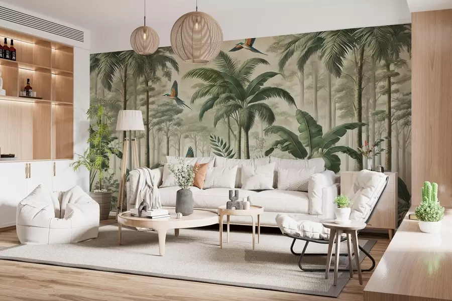wall murals Panorama with tropical landscape and birds w01957