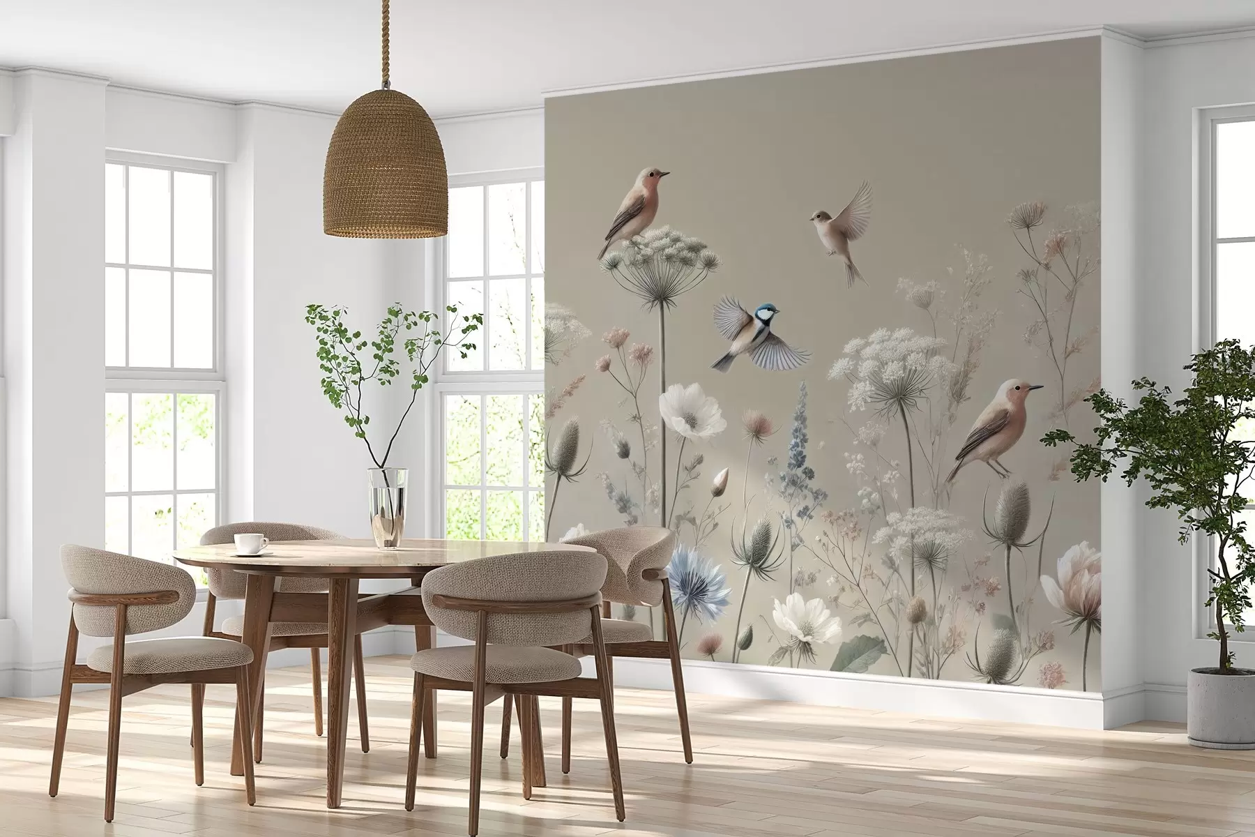 wall murals Delicate wildflowers with birds on a beige background w01958