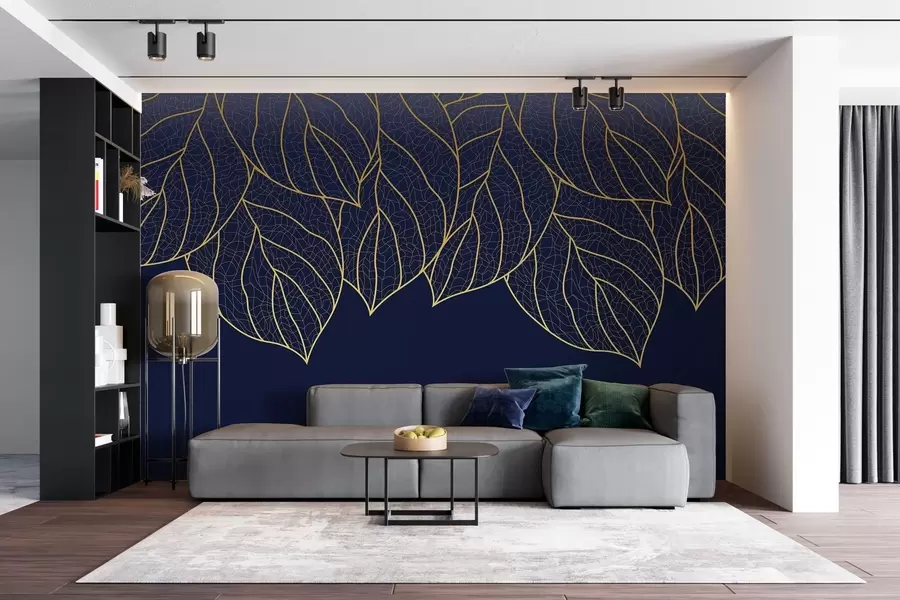 wall murals Minimalist wallpaper silhouettes of large yellow leaves with veins on a blue background  w01960v3