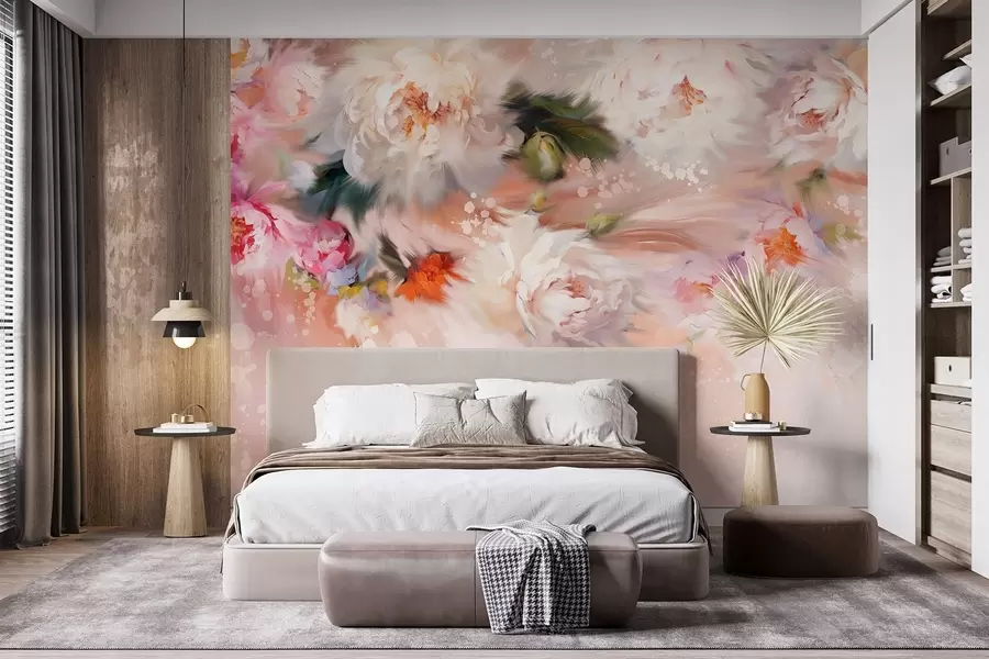 wall murals Acrylic peonies, brush strokes, floral, soft pastel colors w02021