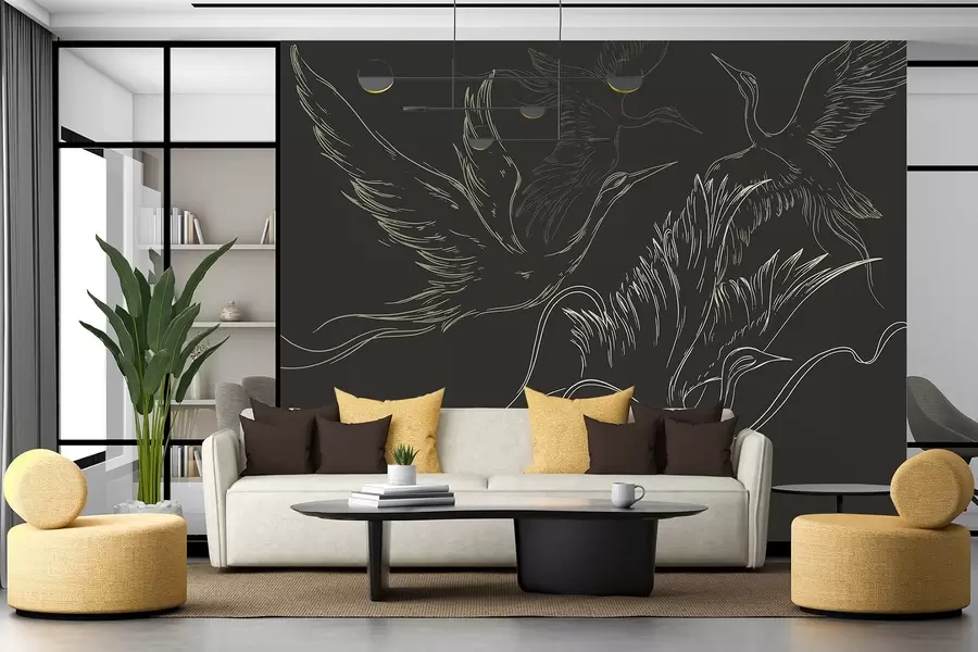 wall murals Birds flying, minimalism, line art, nature, dark background w02061v3