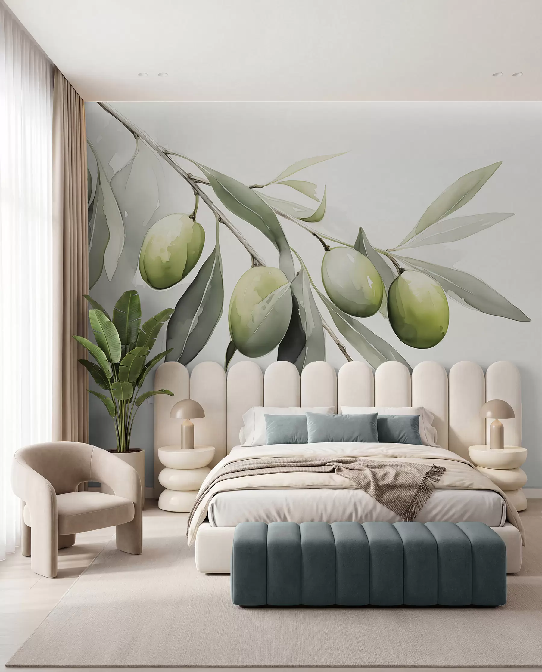 wall murals Branch with green olives wet watercolor w02042