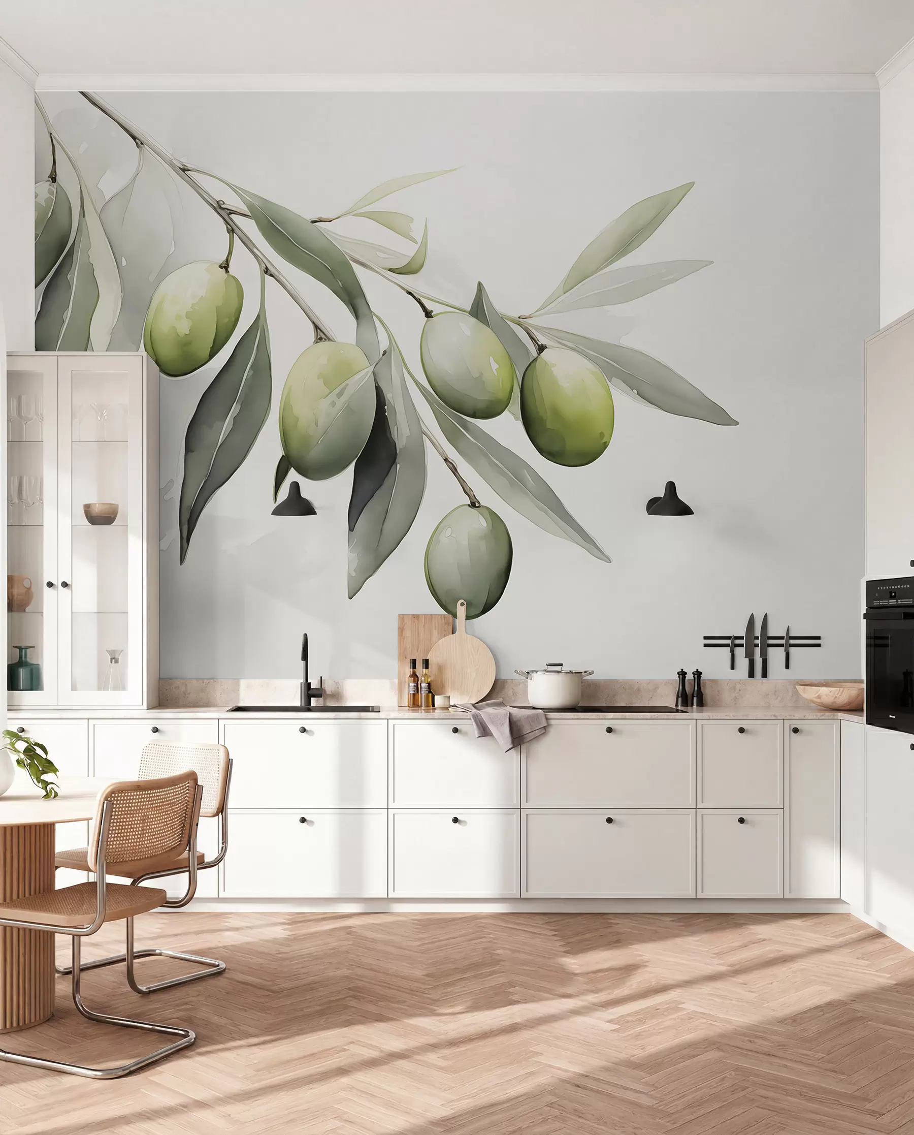 wall murals Branch with green olives wet watercolor w02042