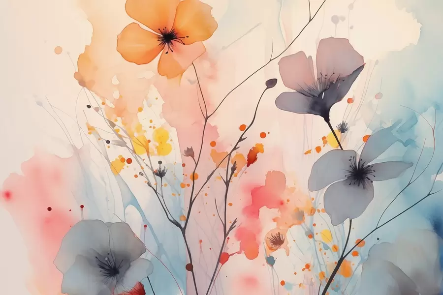 wall murals Abstract bright flowers and branches with splashes of paint wet watercolor w02049