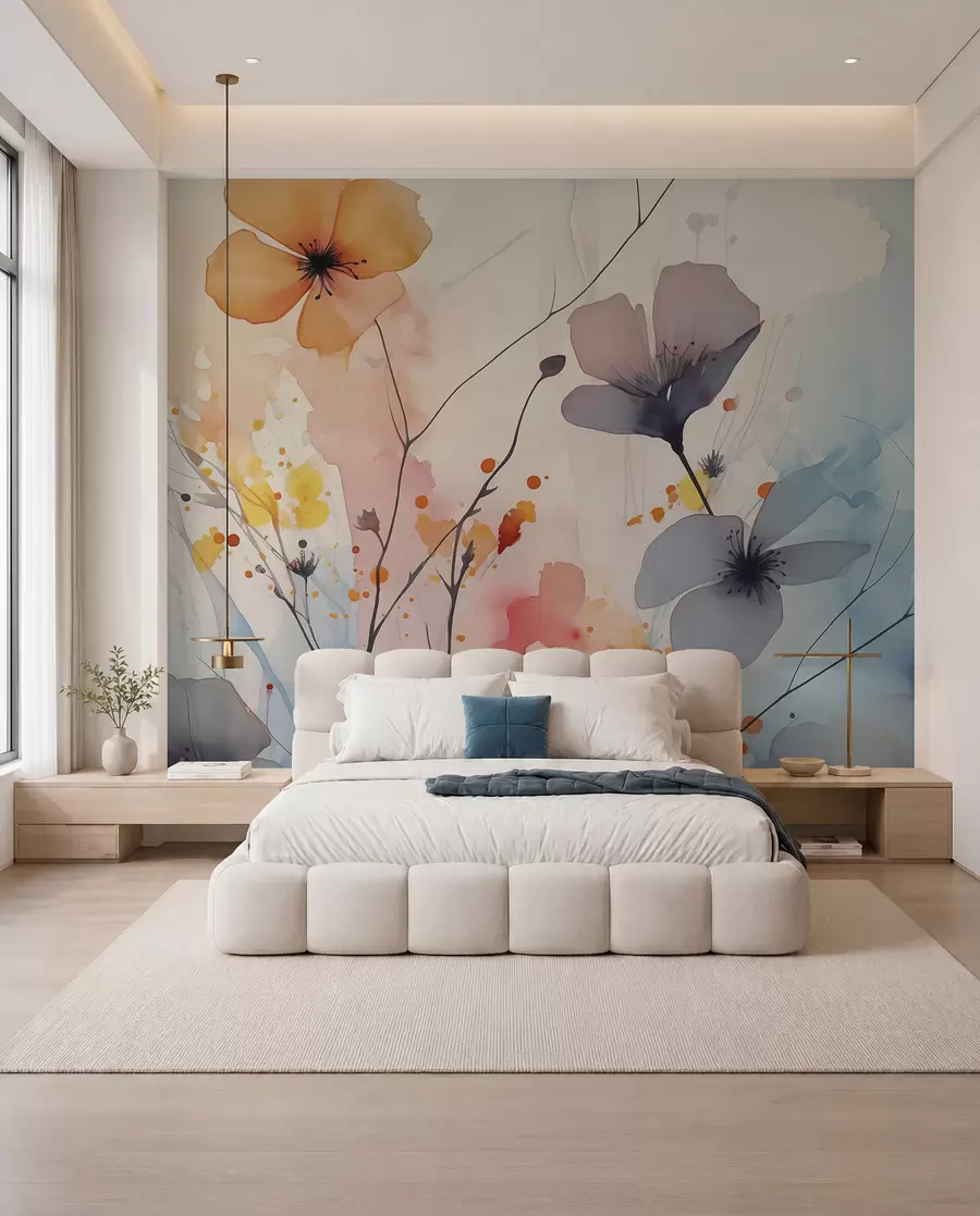 wall murals Abstract bright flowers and branches with splashes of paint wet watercolor w02049