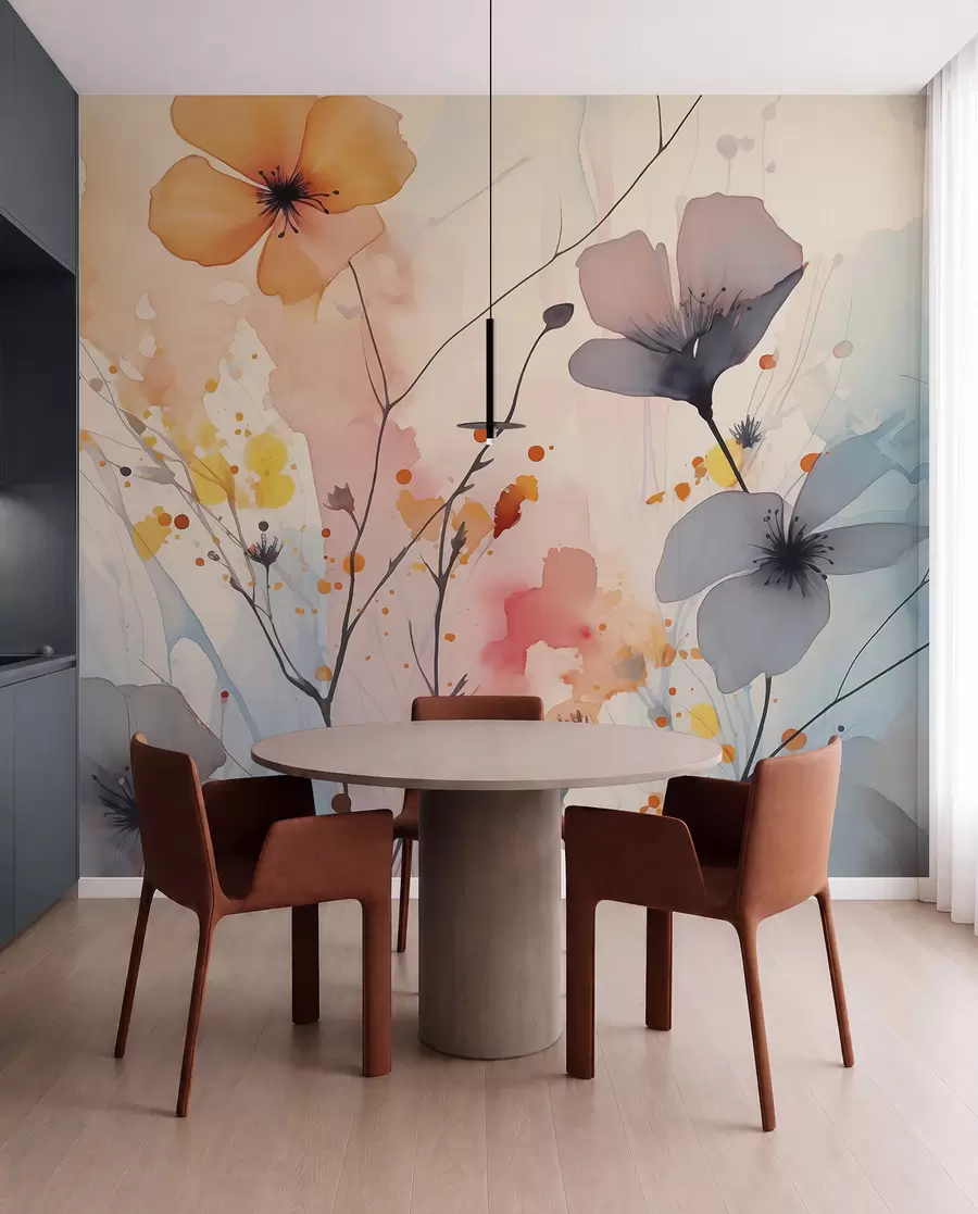 wall murals Abstract bright flowers and branches with splashes of paint wet watercolor w02049
