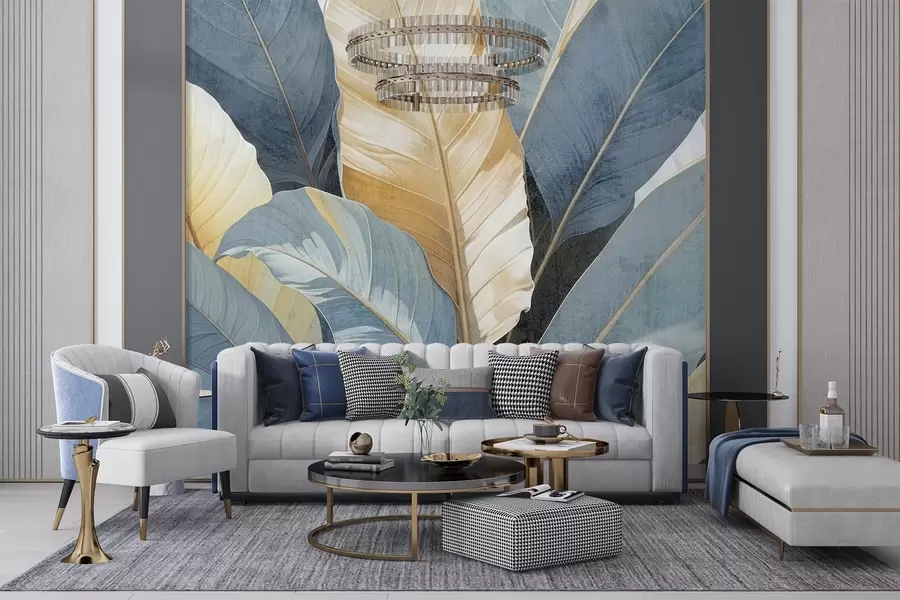 wall murals A close-up view of large lush, textured decorative tropical leaves in shades of blue, green, and yellow w08373