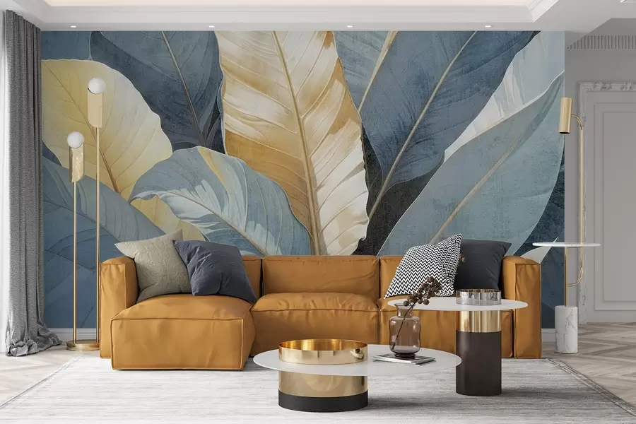 wall murals A close-up view of large lush, textured decorative tropical leaves in shades of blue, green, and yellow w08373