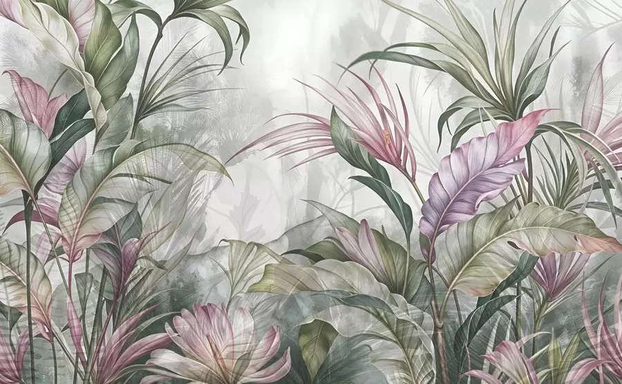 wall murals Tropical jungle with large green leaves and pink protea flowers with blurred textured background w08375