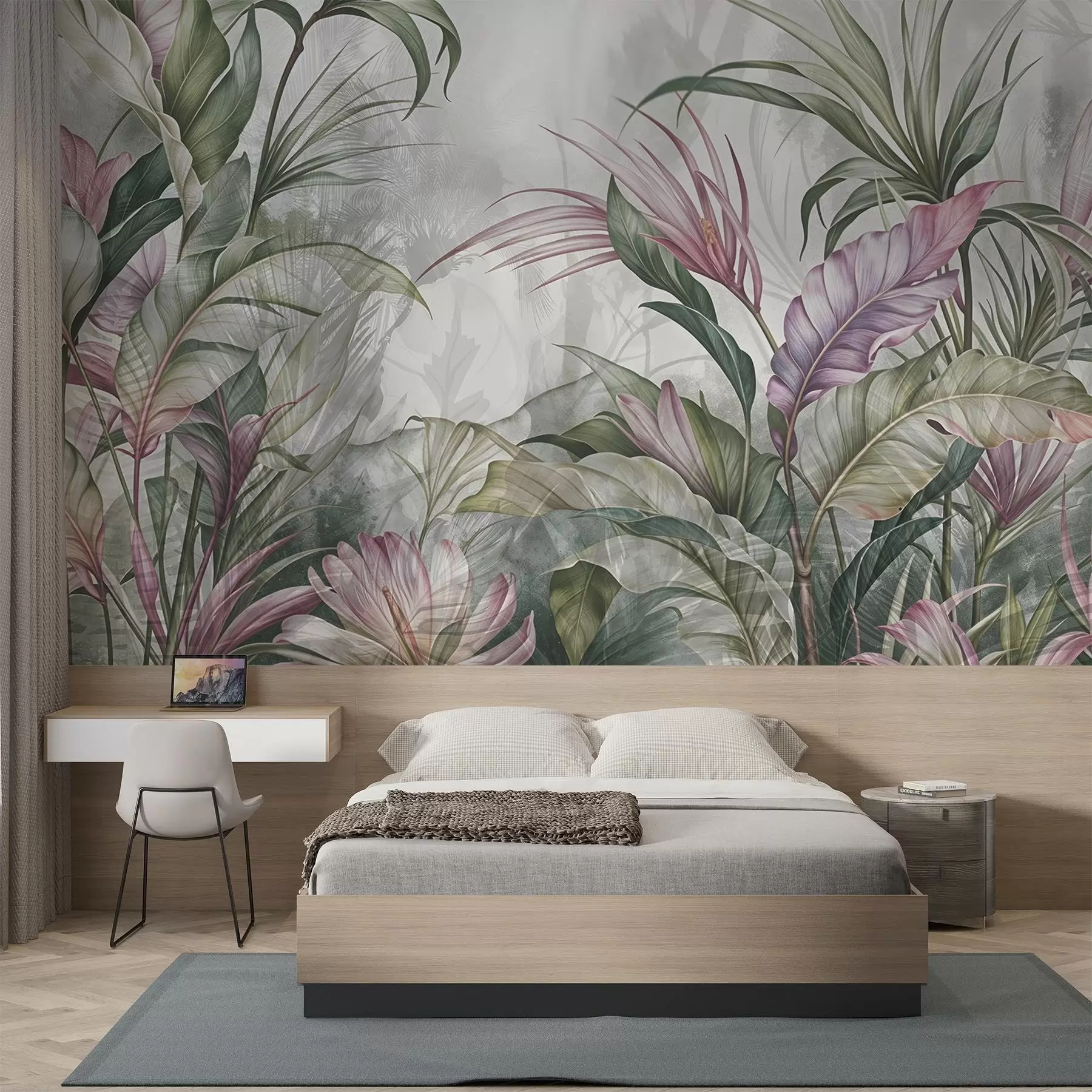 wall murals Tropical jungle with large green leaves and pink protea flowers with blurred textured background w08375