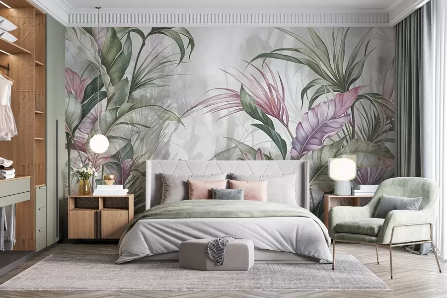 wall murals Tropical jungle with large green leaves and pink protea flowers with blurred textured background w08375