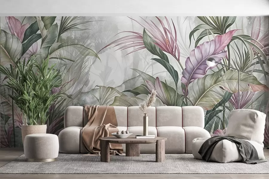 wall murals Tropical jungle with large green leaves and pink protea flowers with blurred textured background w08375