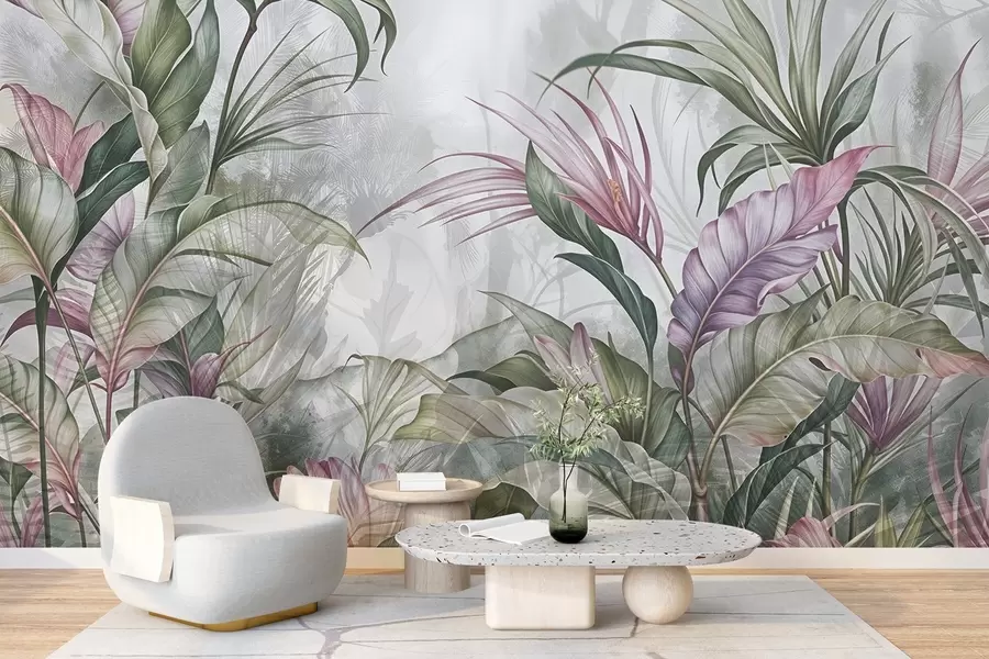 wall murals Tropical jungle with large green leaves and pink protea flowers with blurred textured background w08375