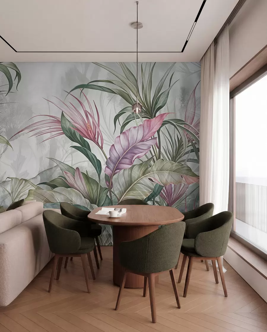 wall murals Tropical jungle with large green leaves and pink protea flowers with blurred textured background w08375
