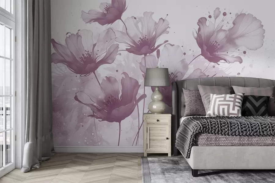 wall murals Delicate pink flowers with soft, blurred petals and watercolor splashes against a light background w08376v2
