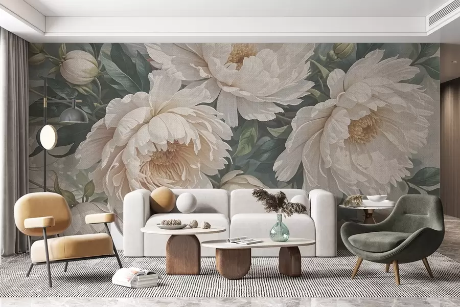 wall murals Textured large white peony flowers with green leaves, a lush and romantic floral arrangement w08377
