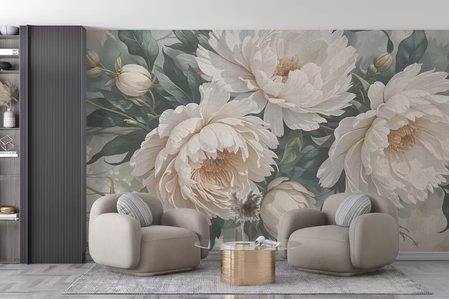wall murals Textured large white peony flowers with green leaves, a lush and romantic floral arrangement w08377