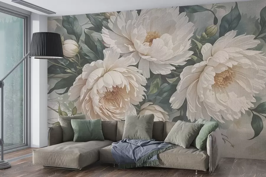 wall murals Textured large white peony flowers with green leaves, a lush and romantic floral arrangement w08377