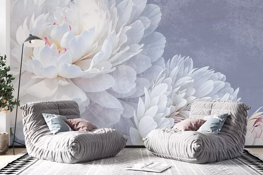 wall murals White detailed peony flowers with soft, delicate petals against a light pastel blue textured background w08379
