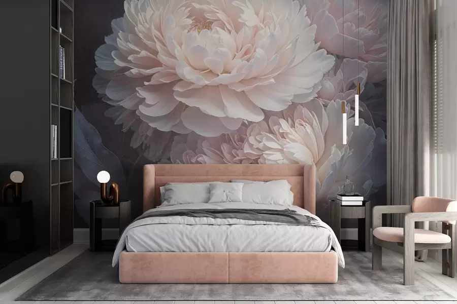 wall murals A close-up of two large, delicate pink peonies with soft, fluffy petals and leaves against a blurred background w08382