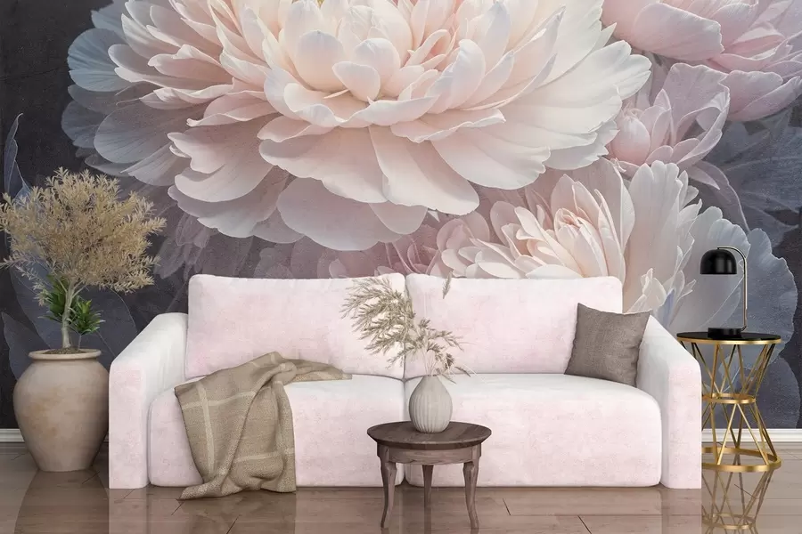wall murals A close-up of two large, delicate pink peonies with soft, fluffy petals and leaves against a blurred background w08382