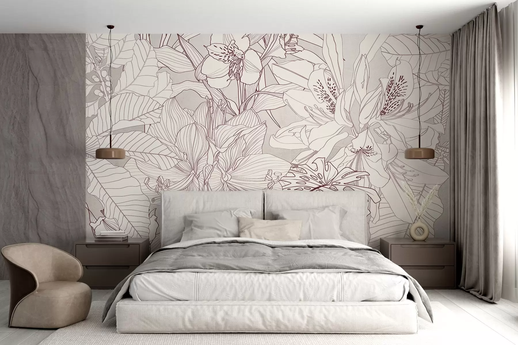 wall murals Detailed bordo and gray floral print with various types of flowers and leaves, a lush, intricate botanical design w08385