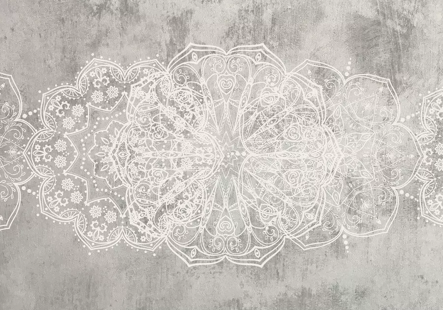 wall murals A detailed, intricate white lace mandala pattern on a textured loft gray wall background w08387