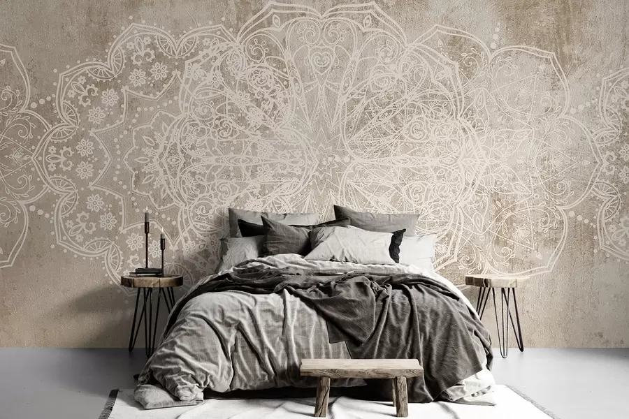 wall murals A detailed, intricate white lace mandala pattern on a textured loft beige-brown wall background w08387v1