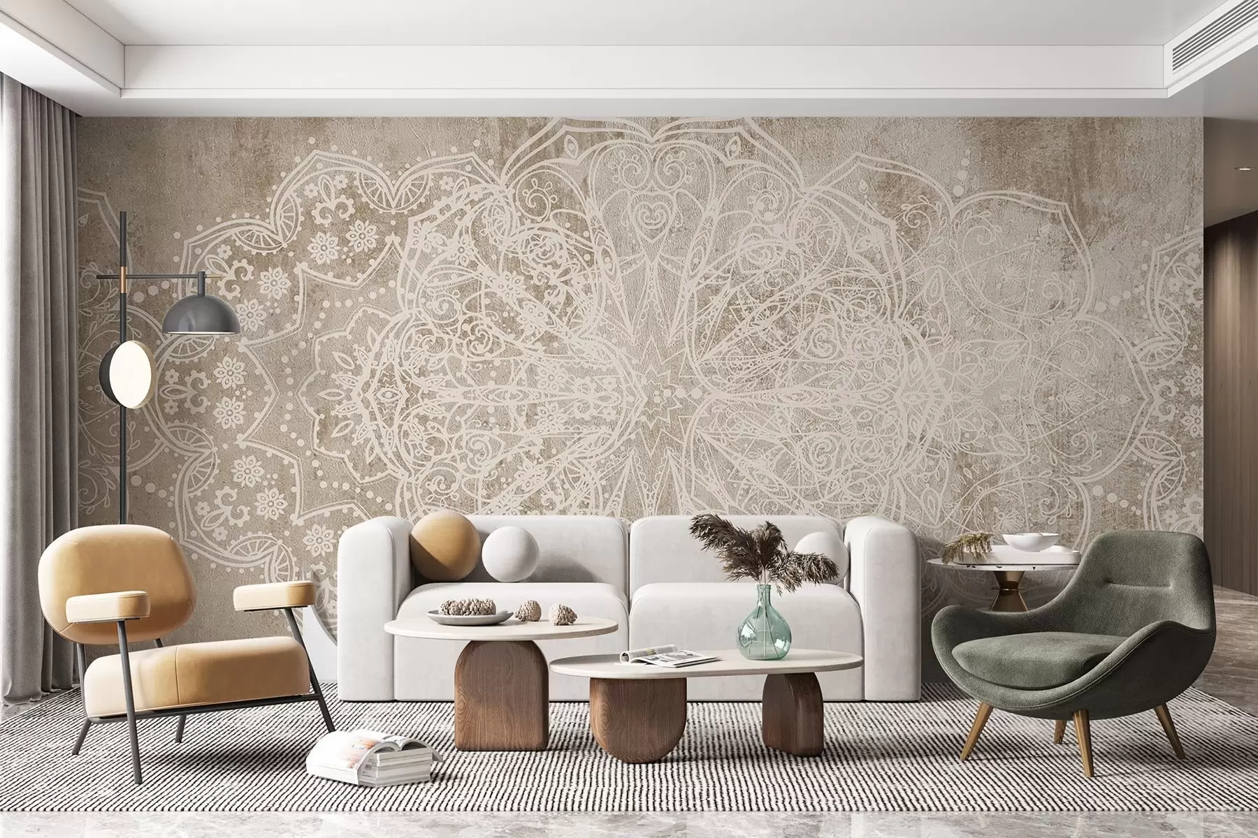 wall murals A detailed, intricate white lace mandala pattern on a textured loft beige-brown wall background w08387v1