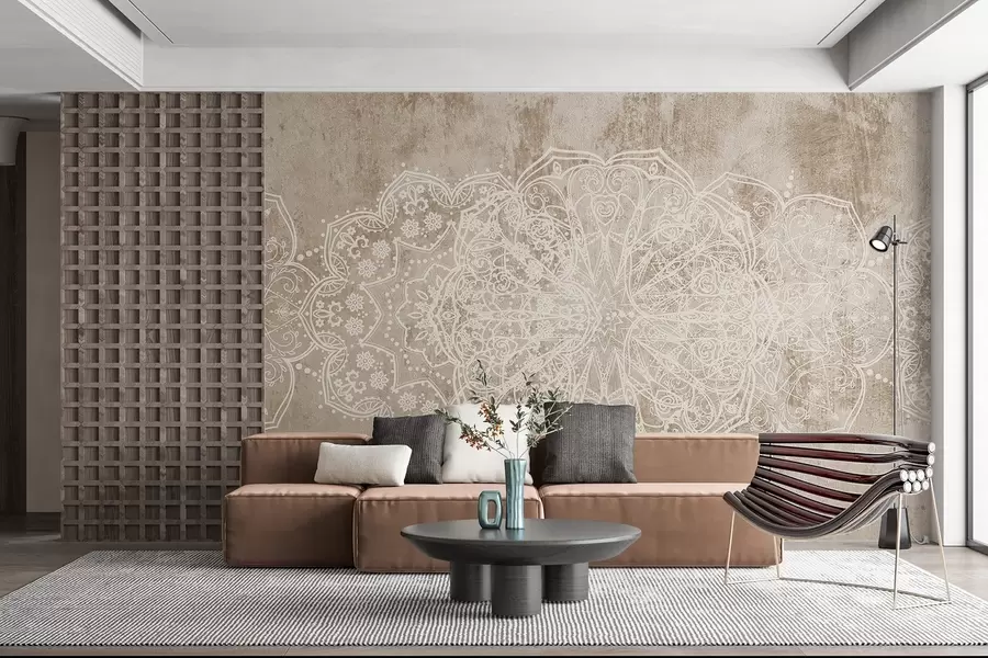 wall murals A detailed, intricate white lace mandala pattern on a textured loft beige-brown wall background w08387v1