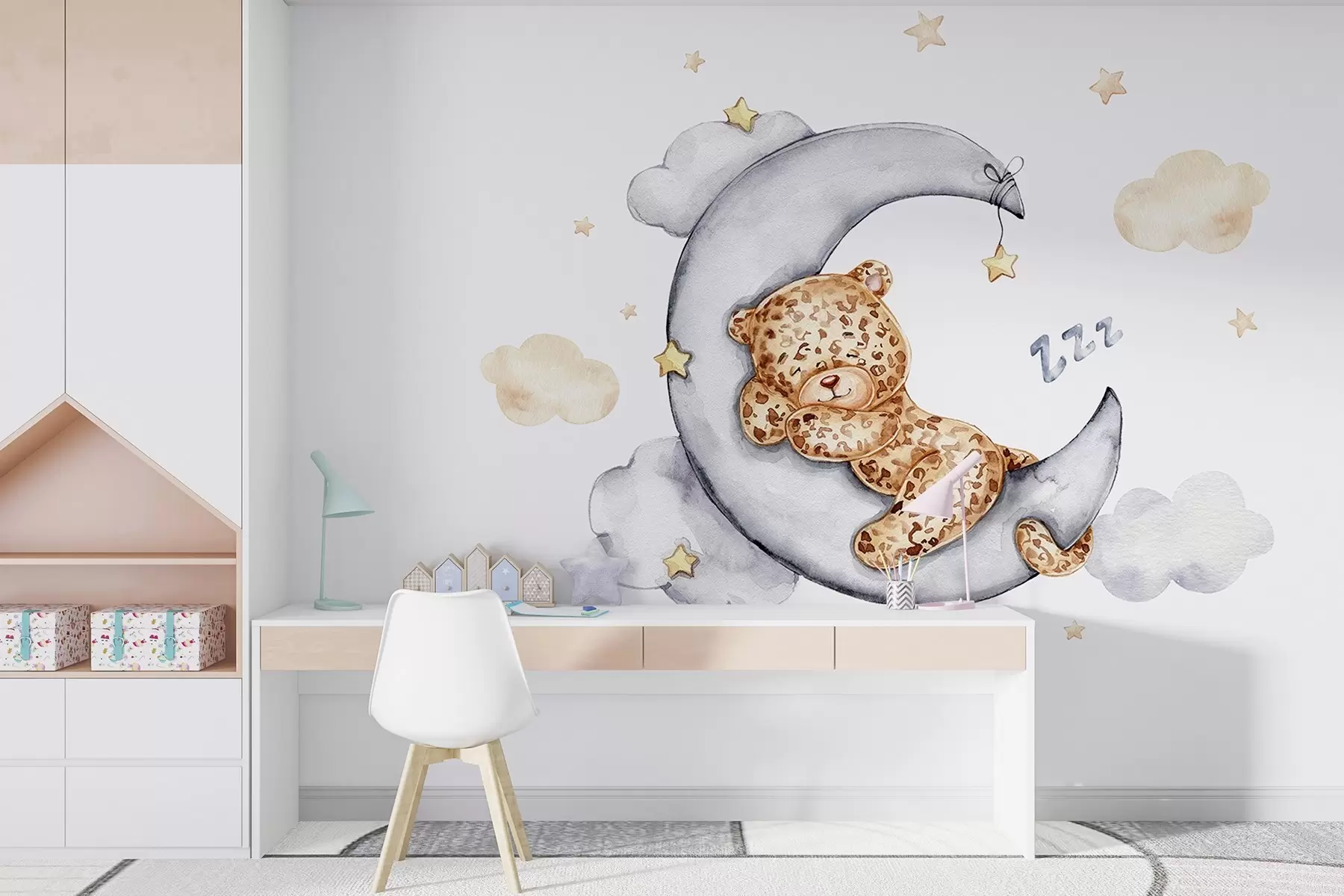 wall murals Sleepy little leopard on the moon w00083
