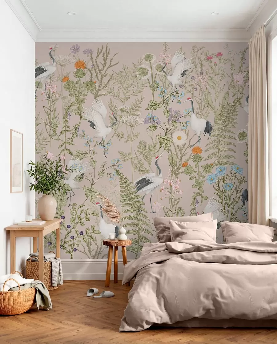 wall murals Elegant cranes among vibrant blooms w00380