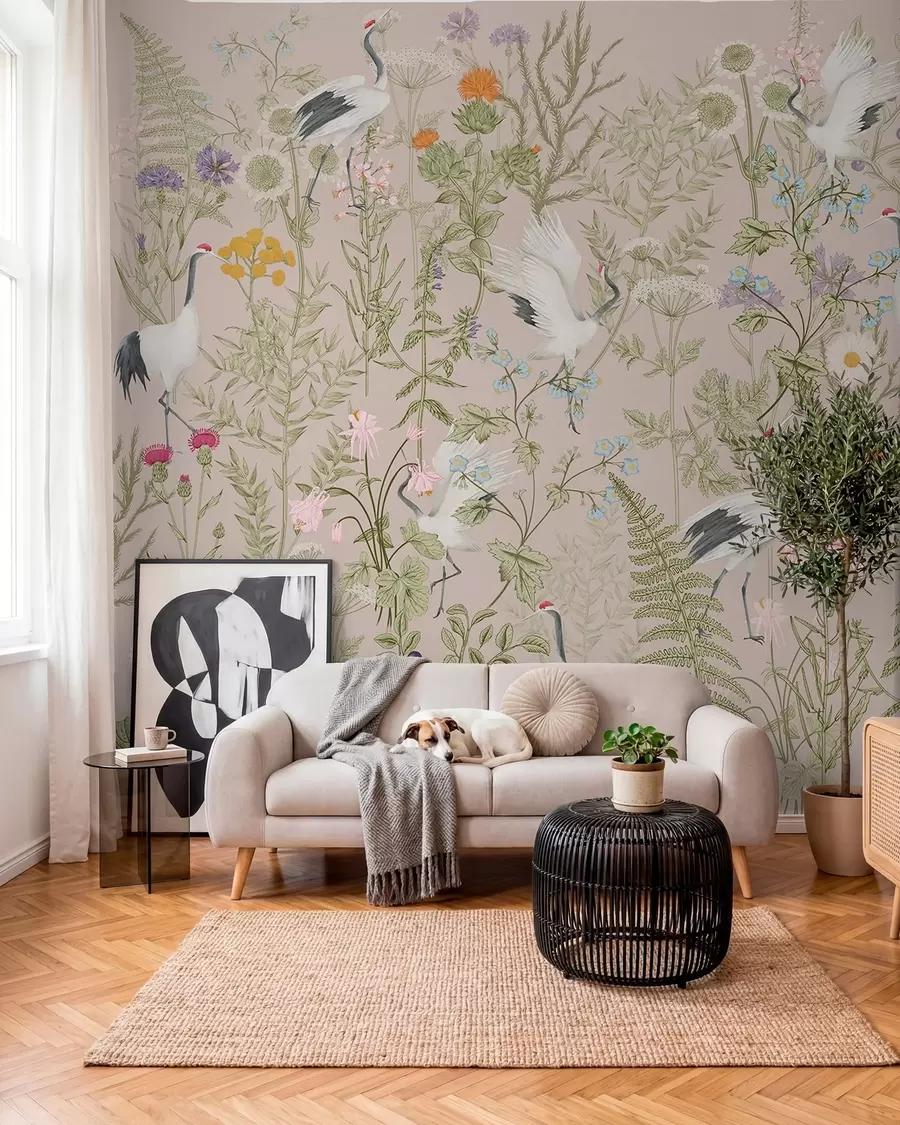 wall murals Elegant cranes among vibrant blooms w00380