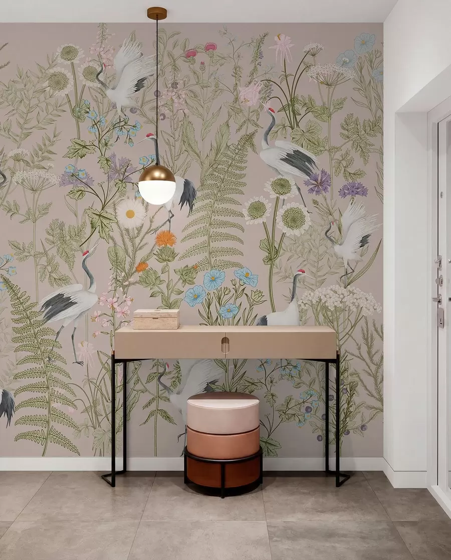 wall murals Elegant cranes among vibrant blooms w00380