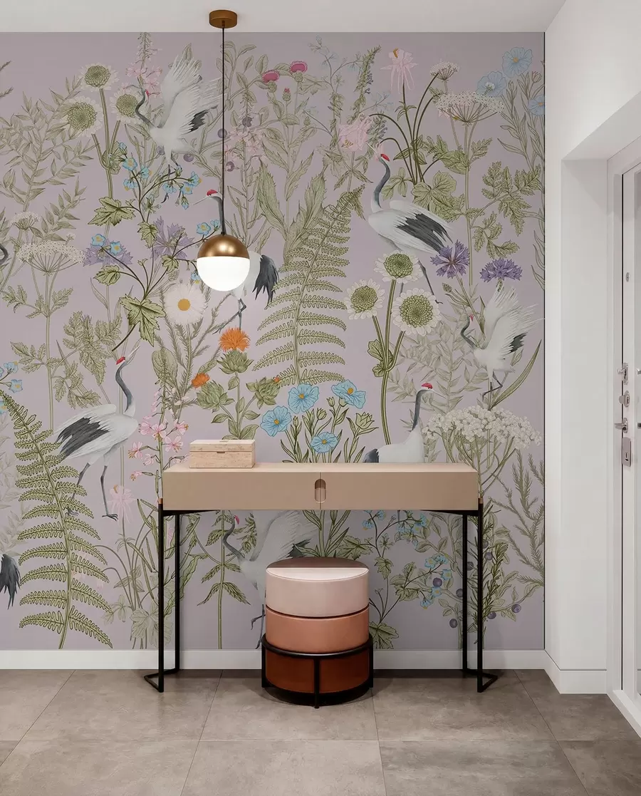 wall murals Elegant cranes amidst vibrant blooms w00380v3