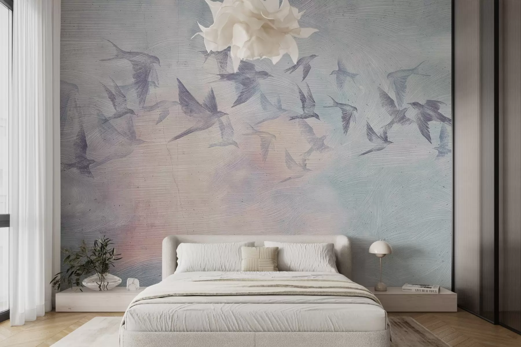 wall murals Flock of birds in soft hues w00702