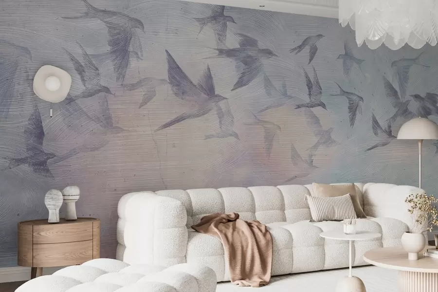 wall murals Flock of birds in soft hues w00702
