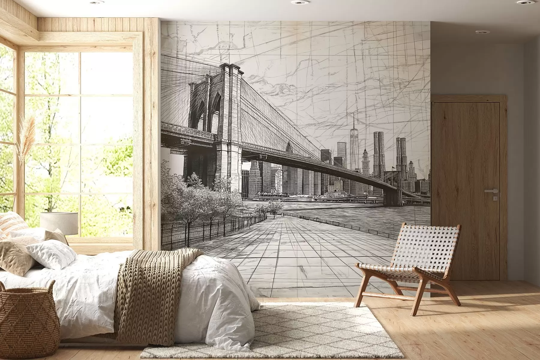 wall murals Panorama of the Brooklyn Bridge made in a sketchy retro technique with lines and scratches w01961