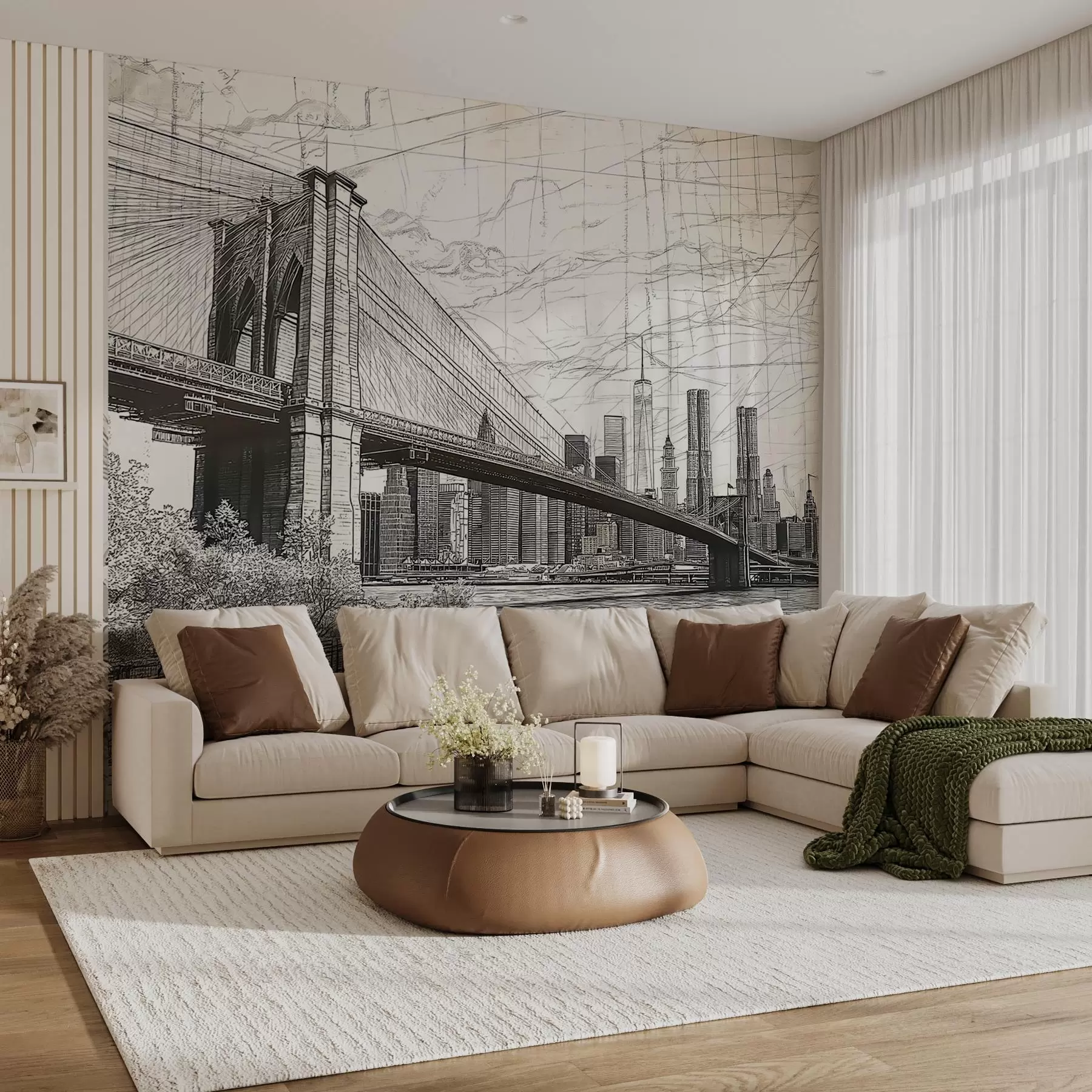 wall murals Panorama of the Brooklyn Bridge made in a sketchy retro technique with lines and scratches w01961